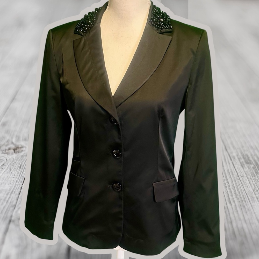 Love Moschino Black Satin Button-Up Blazer with Beaded Collar Details Size 10